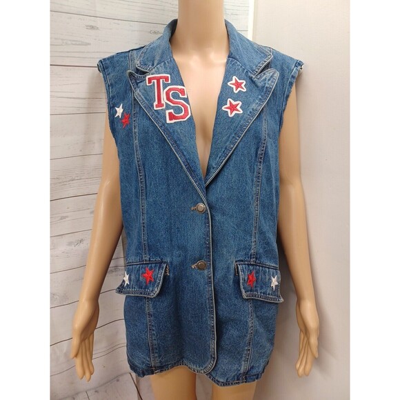 Vtg Carols Denims Button Vest Stars Trish TS Patriotic Denim XL Destroyed - Picture 1 of 12